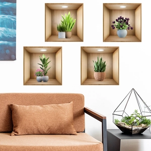 3D wooden frame wall stickers featuring realistic green potted plants for living room decor