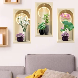3-piece set of 3D vision botanical wall stickers with lilies and green plants for living room