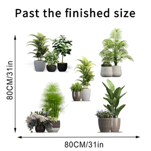 Detail of DIY waterproof wall stickers featuring potted green plants and dimensions
