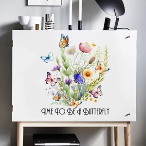 Floral butterfly wall stickers on a white cabinet with Time to be a Butterfly quote