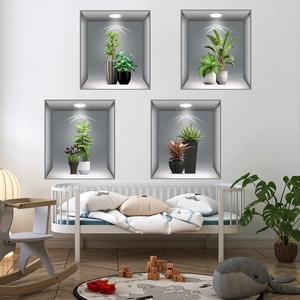 Detailed 3D wall stickers featuring green potted plants in realistic faux wooden frames