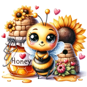 Detailed view of 3D cartoon bee stickers with honey pot and sunflower wall decals