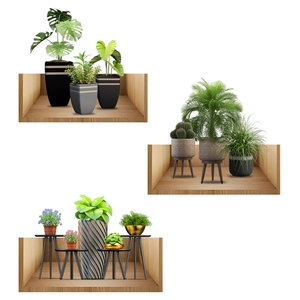 Artificial potted green plants with wooden frame and 3D wall stickers for home decoration