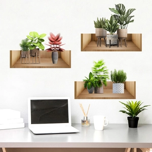 3D wooden shelf wall decals with potted tropical plants and monstera leaves set of three