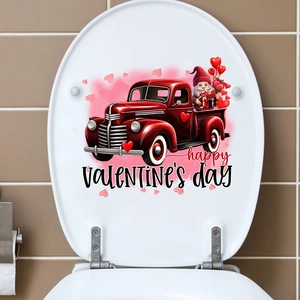 Detail of Happy Valentine's Day sticker with gnome and red truck on toilet lid