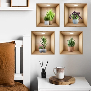 Detailed 3D wall stickers featuring realistic green potted plants in wood frames for decor