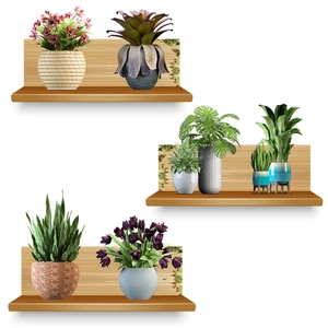 Three-tier wooden wall shelves with realistic potted plants and decorative flowers