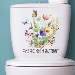Floral butterfly self-adhesive toilet wall sticker with colorful watercolor plants and text