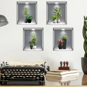 Set of 4 3D wooden frame wall stickers featuring realistic green potted plants and murals