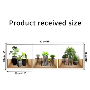 Detailed dimension guide showing 90x30cm 3D wood frame green plant wall decals