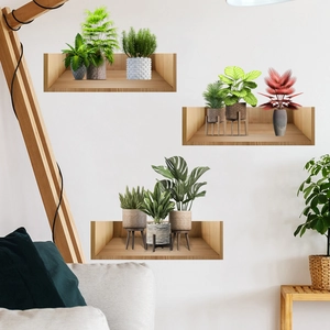 Detailed 3D self-adhesive wall stickers with realistic wooden shelves and lush green plants