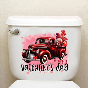 Detail of Happy Valentine's Day sticker with gnome and red truck on a toilet tank