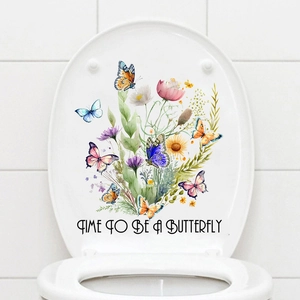 Detail of waterproof butterfly and flower toilet stickers with Time To Be A Butterfly text