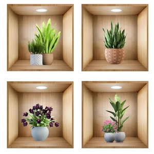 Set of 4 realistic artificial potted plants with decorative wood frame wall art style