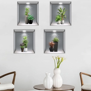 3D realistic wall stickers featuring green potted plants in wood frame niches set of 4