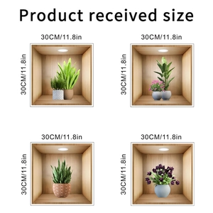 Detail showing set of 4 modern 3D plant wall stickers in wooden frames each 30x30cm size