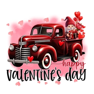 Detail of Valentine's Day sticker featuring gnome in red truck with hearts and flowers