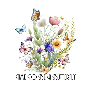 Detailed watercolor floral wall decal with colorful butterflies and artistic typography