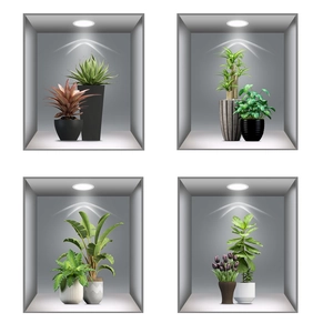 Set of 4 3D faux wood frame wall decals featuring realistic potted green plants and flowers