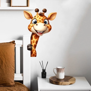 Detailed view of cute cartoon giraffe wall sticker applied on white bedroom wall surface