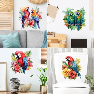 Waterproof PVC Parrot Flower Wall Sticker Watercolor Tropical Bird Decal For Bathroom Refrigerator Living Room Home Decor