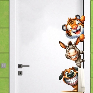 Detailed view of 3D cartoon animal wall stickers featuring a peeking tiger and dog