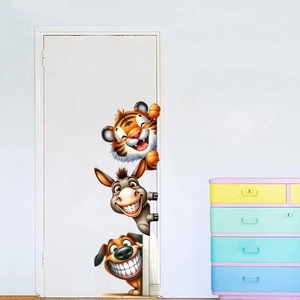 Detailed view of 3D peeking animal wall stickers featuring a tiger, donkey and dog
