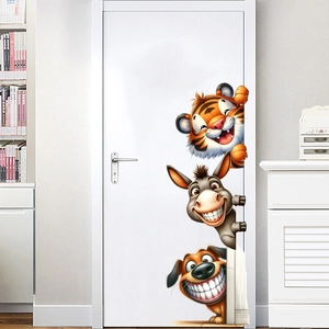 3D cartoon animal wall stickers with tiger, donkey and dog peering from a white door