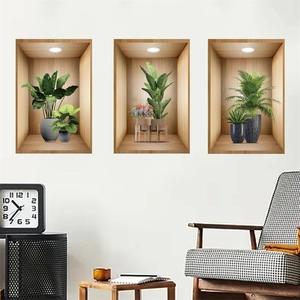 Three-piece set of 3D realistic potted green plant wall stickers with wood frame effect