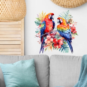 Tropical parrot and floral self-adhesive wall art sticker decoration in living room setting