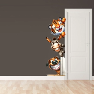Detail showing 3D cartoon tiger, donkey, and dog peeking wall decals on grey wall
