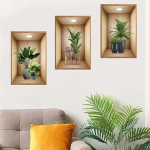 Set of three 3D faux green plant wall stickers in wooden frames for living room decor