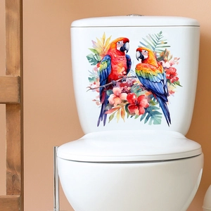 Vibrant watercolor parrot and floral self-adhesive waterproof sticker for toilet tank decor