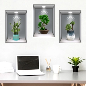 Autocollants Muraux Niche de Plantes Simulation 3D PVC Imperméable Autocollant Cactus Succulente pour Salon Chambre Décor