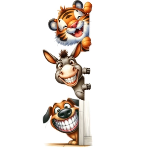 Detail of 3D cartoon animal wall stickers featuring a tiger, donkey and puppy peeking