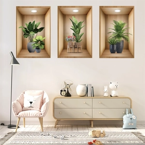 3D wall stickers showing artificial green plants in wooden frames for living room decor