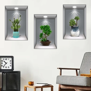 Stickers muraux 3D réalistes de plantes en pot cactus et succulentes pour la décoration