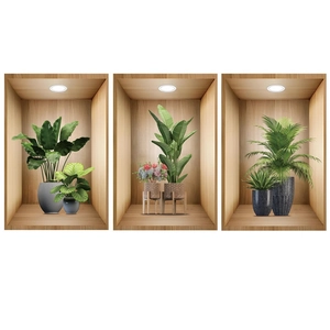 3D realistic wall art stickers featuring green potted plants in wood frame niches