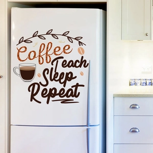 Coffee Teach Sleep Repeat waterproof wall sticker with hand-drawn coffee cup for kitchen