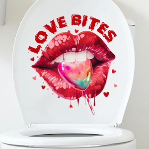 Detail showing Love Bites red lips and heart lollipop sticker on a toilet lid