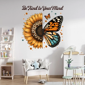Adesivo murale impermeabile girasole farfalla con scritta Be Kind to Your Mind