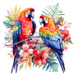 Detail of vibrant watercolor macaws on a branch with tropical red flowers and green leaves