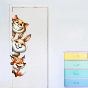 Creative 3D cartoon animal wall stickers with cute cat, rabbit and fox peeking from door