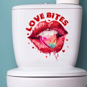 Detail view of Love Bites pop art lip sticker on white ceramic toilet tank cover
