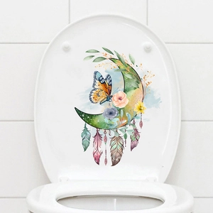 Floral butterfly toilet seat sticker with watercolor flowers and green leaves on white