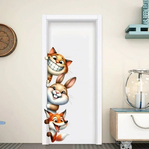 Detail of 3D cartoon animal wall stickers featuring a peeking cat, rabbit, and fox on a door