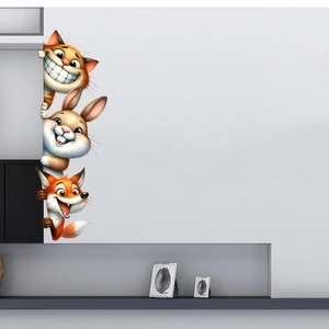 Detail of 3D peek-a-boo animal wall decals featuring a cat, rabbit, and fox on a white wall