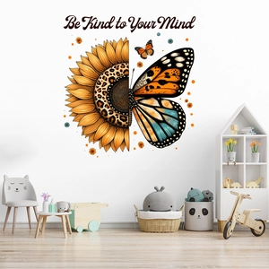 Adesivo da Parete Girasole Farfalla Stampa Leopardata Be Kind To Your Mind Ispiratore PVC Impermeabile Autoadesivo Decorazione Casa