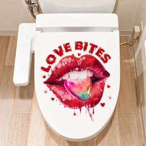 Detail showing red lips biting heart lollipop wall sticker on white toilet lid