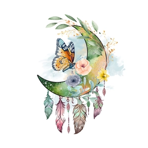 Detail of bohemian butterfly and floral crescent moon wall sticker with feathers